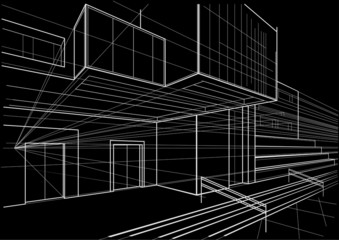 Architectural sketch of a cubic building black background