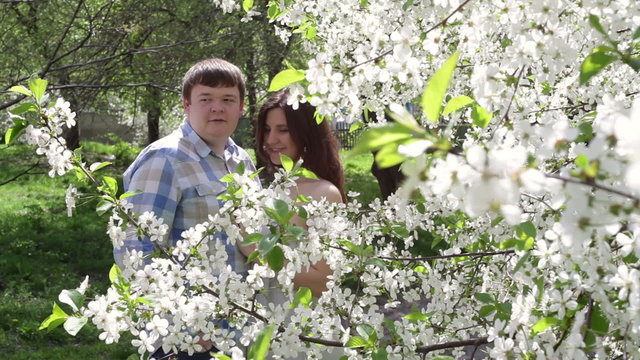 Loving couple walking in a park near a blossoming tree
