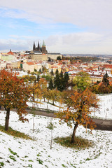 First Snow in Prague City with gothic Castle, Czech Republic