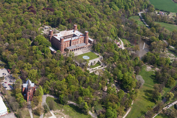 aerial view of palace in Kamieniec Zabkowicki town