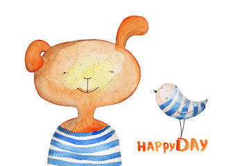 Dog with striped bird. Happy day. Watercolor  
