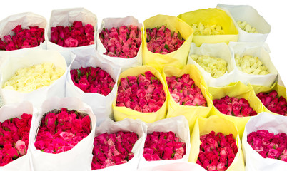 Red,pink and yellow Roses in yellow paper package for valentine