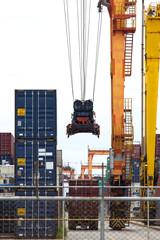 Logistics Container and Crane and Truck during transfer goods at