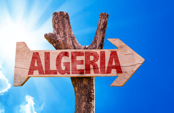 Algeria wooden sign with sky background