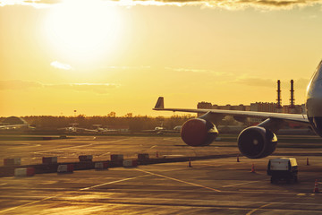 View from airplane standing at airport.