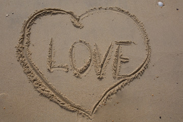 The nice inscription on the sand - love and heart