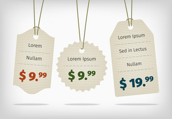 Hanging cardboard pricing tags with colorful prices