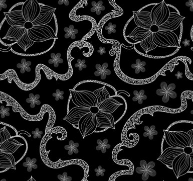Floral vector seamless with ornamental waterlily,  figured lines