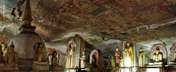 Panorama  with Buddha statue and paint in Dambulla Cave Temple