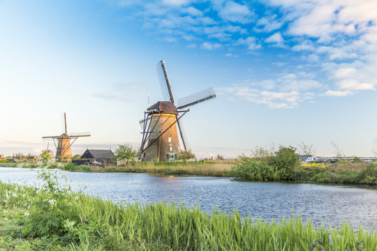Old vintage windmills in Kindersdeijk, Holland, Netherlands