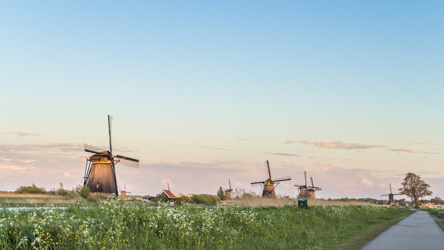 Old vintage windmills in Kindersdeijk, Holland, Netherlands