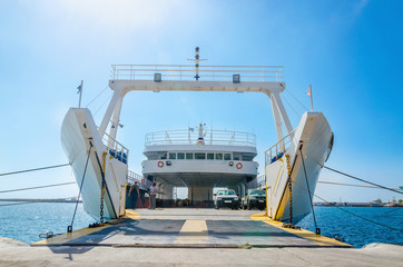 View on interior of empty ferry waiting in harbour to be loaded