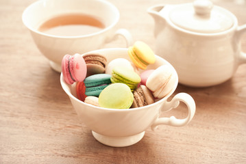 French macaroons. Coffee, chocolate, vanilla and raspberry macar