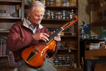 Elderly person building a viola d‘amore