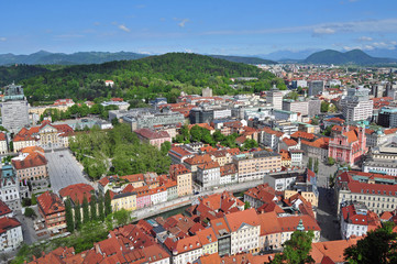 Fototapeta na wymiar Aerial view of Ljubljanas old city center