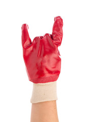 Hand in a red rubber glove.