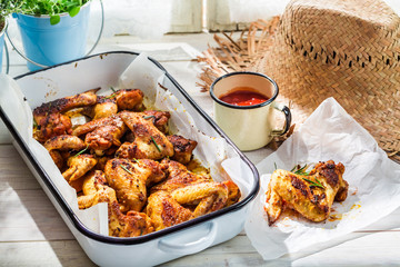 Roasted chicken wings in summer kitchen