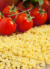 Italian dry pasta coccioline in the shape of seashells wooden ta