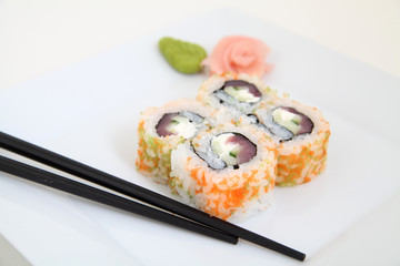 Uramaki tuna and shrimp. Traditional japanese sushi rolls