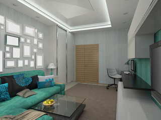 3d illustration of a living room in a turquoise color