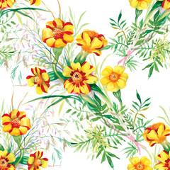 Wild flowers seamless pattern on white background