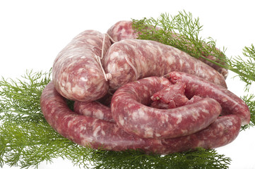 fresh raw meat sausages on white background