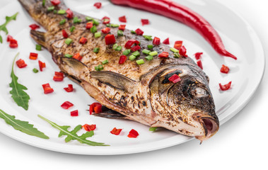 Fried fish with spring onion and red pepper.