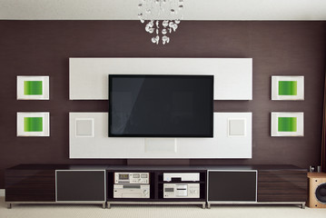 Modern Home Theater Room Interior with Flat Screen TV