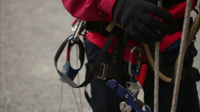 Mountaineering gear of the Industrial climber. Close up