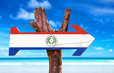 Paraguay Flag wooden sign with lake background