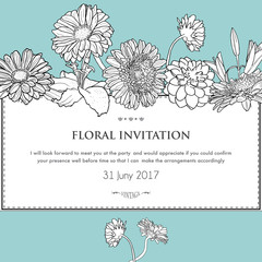Floral horizontal invitation card. Vector illustration of bloomi