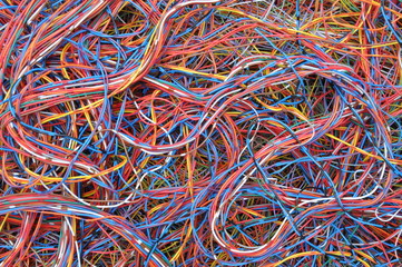 Colored telecommunication cables and wires - obrazy, fototapety, plakaty