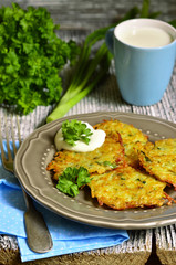 Potato fritters with cheese, green onion and herbs.