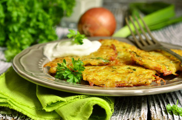 Potato fritters with,cheese,  green onion and herbs.