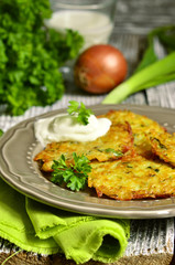 Potato fritters with cheese, green onion and herbs.