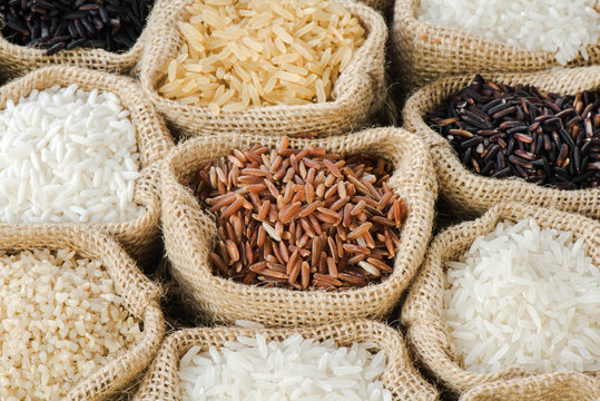 Group of organics rice in burlap bag