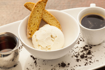 Espresso with vanilla ice cream and biscotti