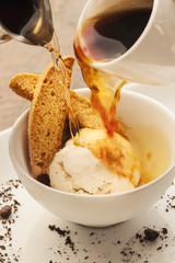 Espresso with vanilla ice cream and biscotti