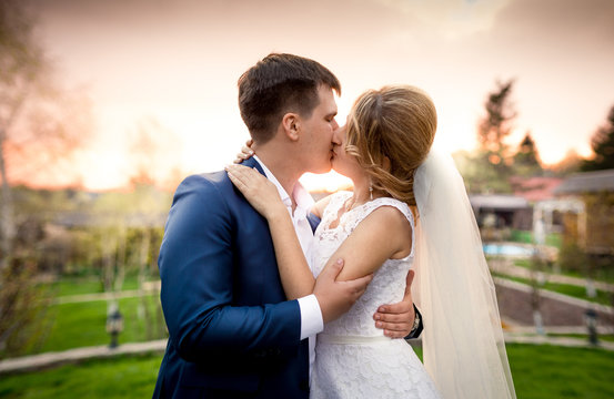elegant newly married couple kissing in park at sunset
