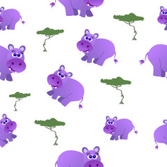 Seamless pattern of cute hippopotamus and trees.