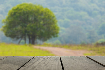 Defocus and blur image of terrace wood and Beautiful landscape