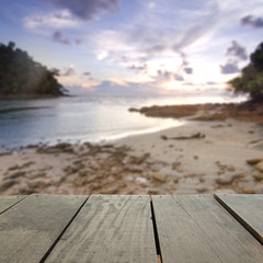 Defocus and blur image of terrace wood and scenery seascape suns