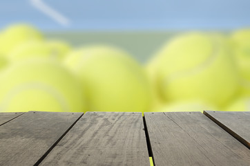 Defocus and blur image of terrace wood and tennis court with ten