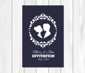 Vector wedding invitation with profile silhouettes of man and wo