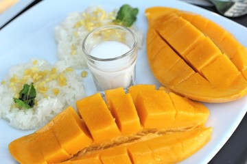 sticky rice with coconut milk mix and ripe mango.
