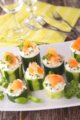 canape with cucumber,cheese and salmon