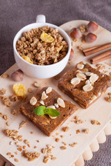 nut bar on wooden board, close up