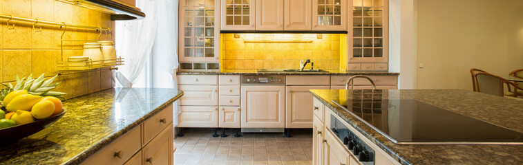 Granitic countertop in kitchen