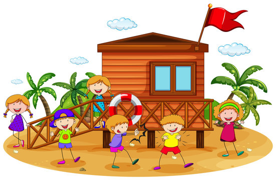 Children and hut