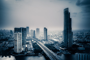 Business Building Bangkok city area at twilight scene with trans